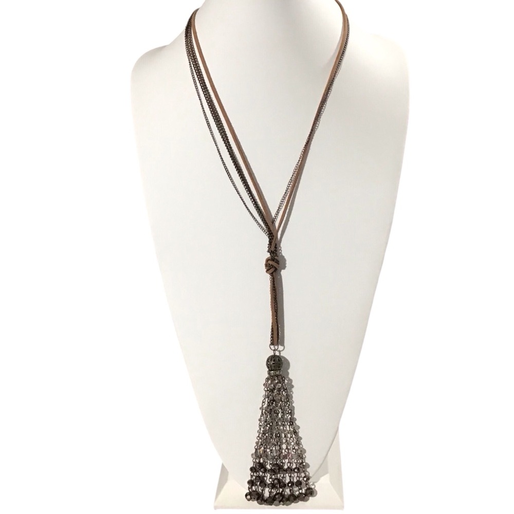 Simply Noelle Beaded Tassel Necklace Leather Chain Knotted Tied